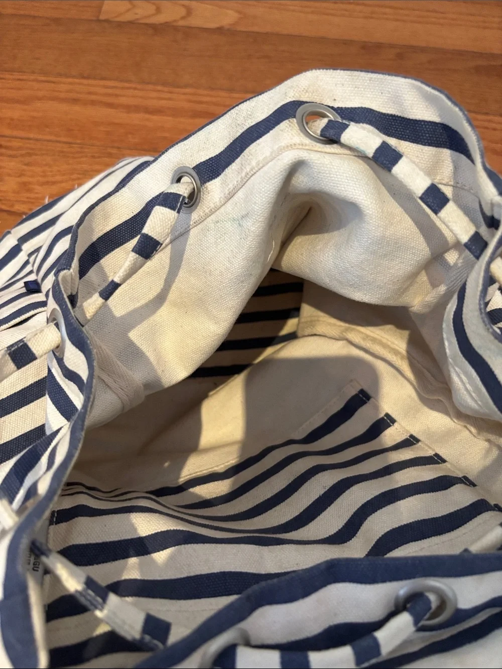 BAGGU Canvas Striped Drawstring Backpack - Navy and White